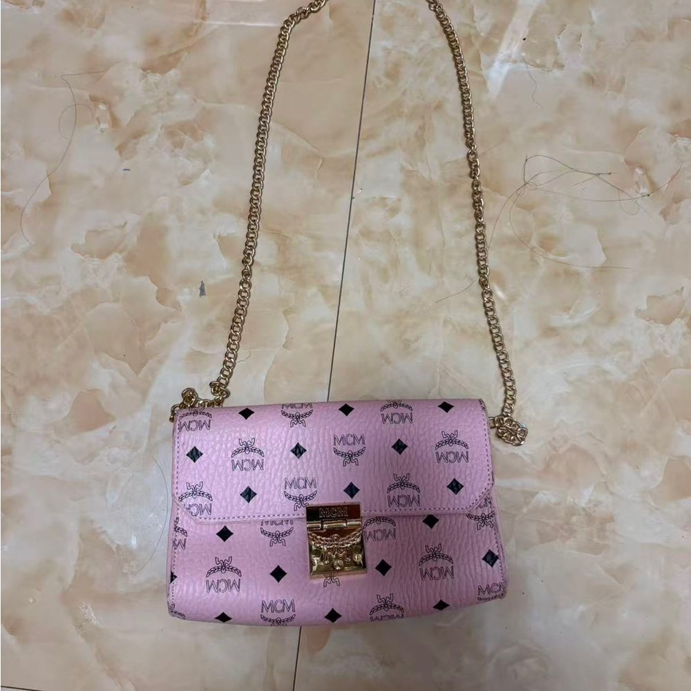 MCM Pink Logo Crossbody Bag with Gold Chain Strap